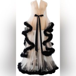 Long Feather Fluffy Photoshoot Robe Black & Sheer Nude L-XL